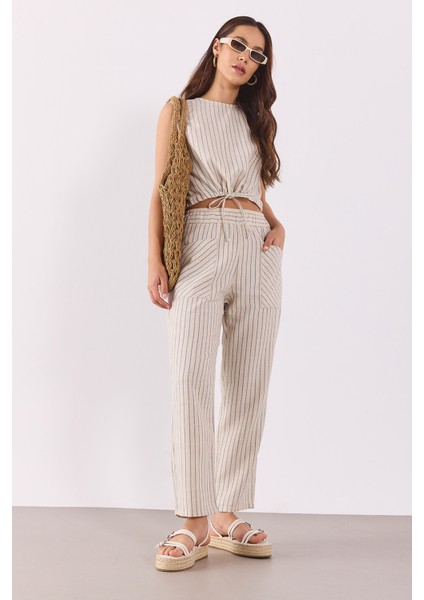 Kadın Beli Lastikli Çizgili Baggy Pantolon(Tencel)(Tm)-Lacivert Çizgili fiyatları