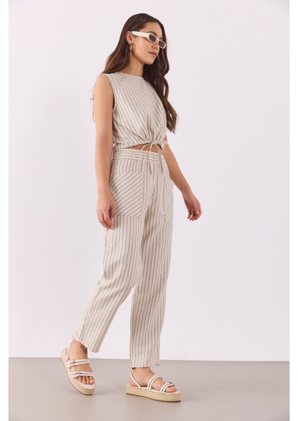 Kadın Beli Lastikli Çizgili Baggy Pantolon(Tencel)(Tm)-Lacivert Çizgili modelleri