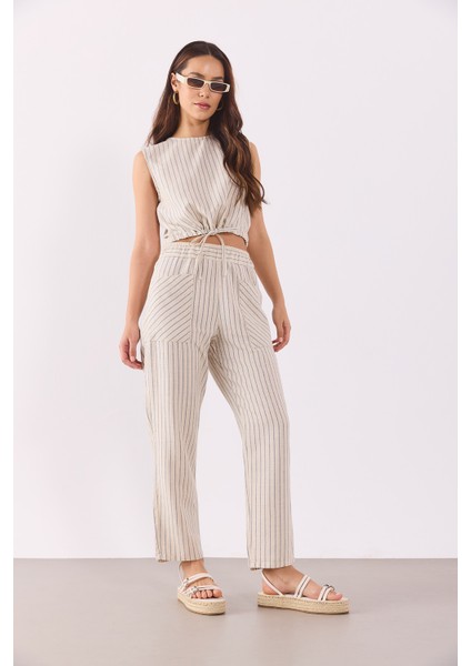 Kadın Beli Lastikli Çizgili Baggy Pantolon(Tencel)(Tm)-Lacivert Çizgili fırsatları