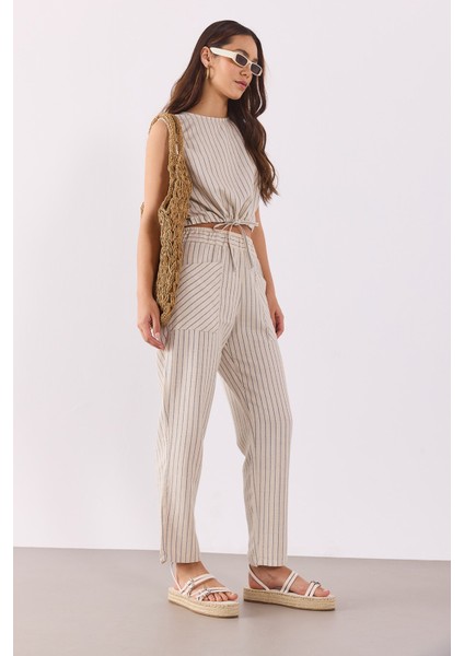 Kadın Beli Lastikli Çizgili Baggy Pantolon(Tencel)(Tm)-Lacivert Çizgili indirimleri