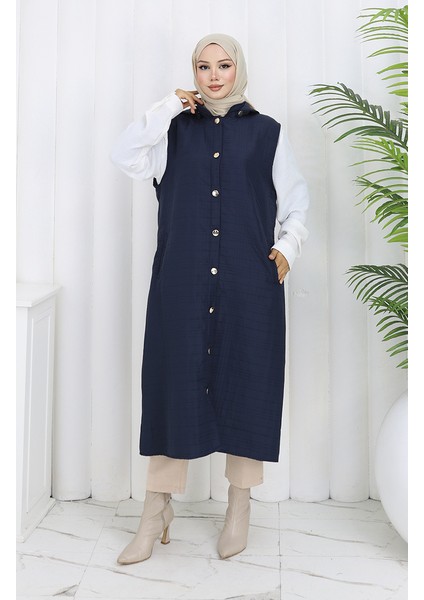 Kapitone Kumaş Boydan Düğmeli Yelek 0186A-01 Lacivert