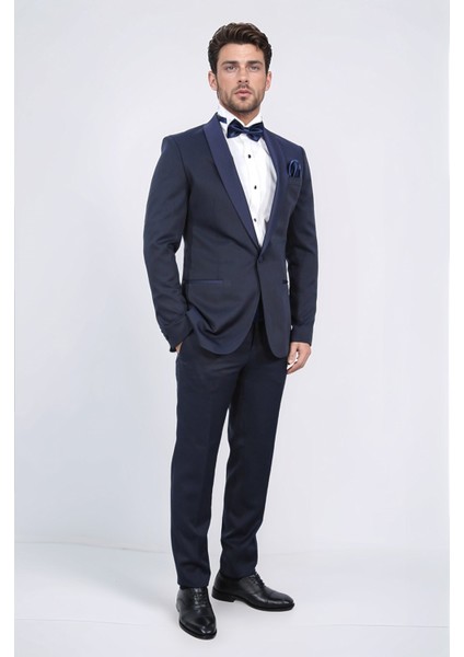 Slim Fit Şal Yaka Lacivert Desenli Takım Elbise