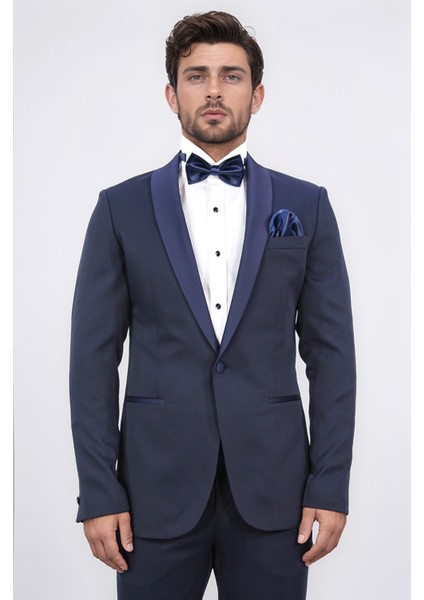 Slim Fit Şal Yaka Lacivert Desenli Takım Elbise fiyatları