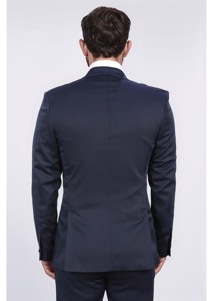 Slim Fit Şal Yaka Lacivert Desenli Takım Elbise modelleri