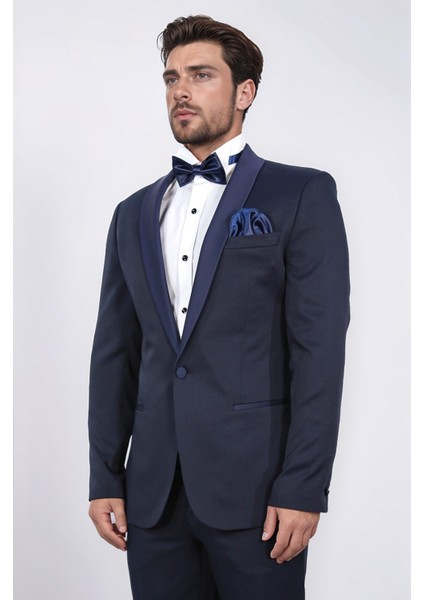 Slim Fit Şal Yaka Lacivert Desenli Takım Elbise fırsatları