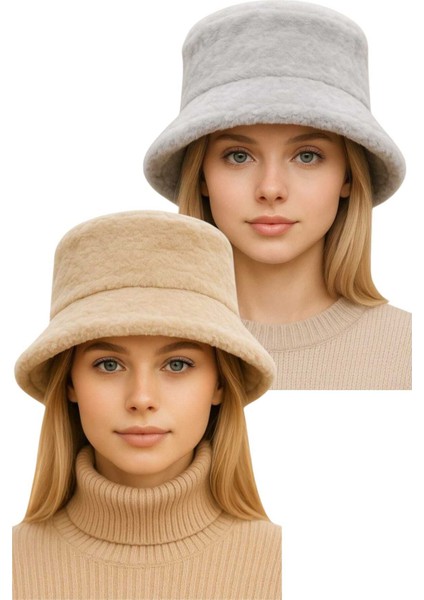 Kadın Ayarlanabilir Peluş Bucket Kova Şapka 2'li Set indirimleri