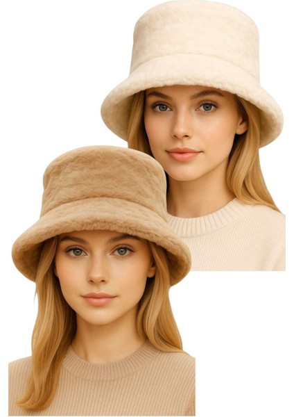 Kadın Ayarlanabilir Peluş Bucket Kova Şapka 2'li Set