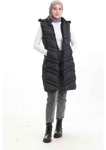 Kapüşonlu Fermuarlı Şişme Yelek 0205-01 Siyah