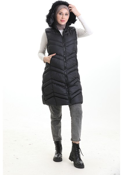 Kapüşonlu Fermuarlı Şişme Yelek 0205-01 Siyah modelleri