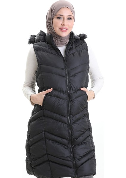 Kapüşonlu Fermuarlı Şişme Yelek 0205-01 Siyah fırsatları