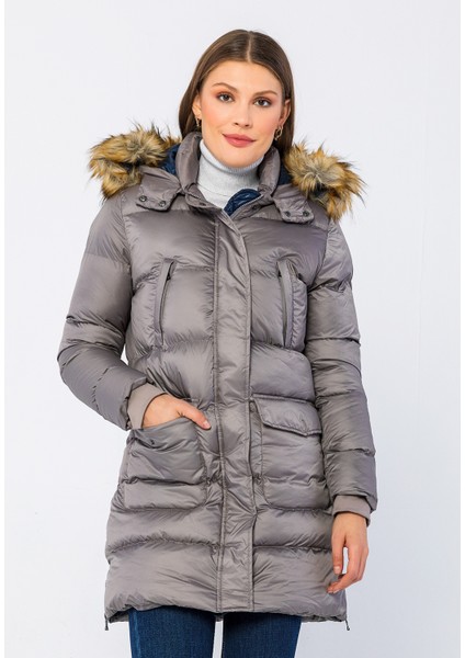 Kadın Gri Kürklü Kapüşonlu Uzun Şişme Mont fiyatları