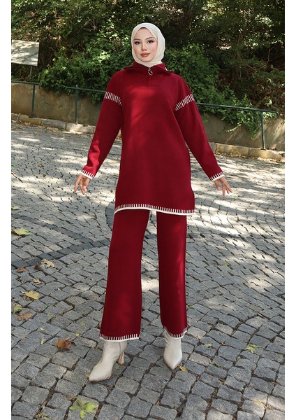 Triko Fermuar Yakalı Tunik Pantolon Ikili Takım 1061-01 Bordo