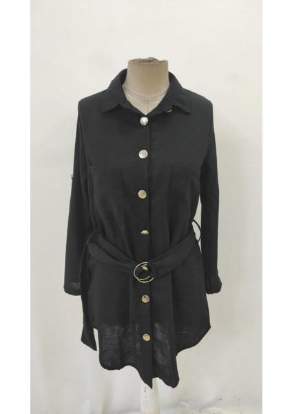 Kadın Uzun Kollu Yakalı Önden Düğmeli Beli Kuşaklı Mini Ithal Keten Elbise