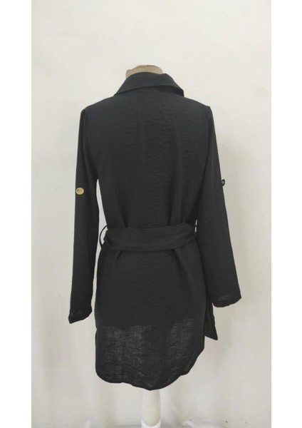 Kadın Uzun Kollu Yakalı Önden Düğmeli Beli Kuşaklı Mini Ithal Keten Elbise