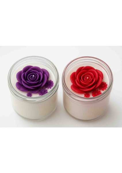 Aşk ve Zarafet Ikilisi – Kırmızı & Mor Gül Mum Seti