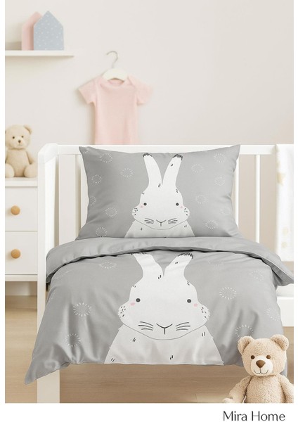 Yenidoğan Kız / Erkek Unisex Bebek Nevresim Takımı %100 Pamuklu Gri Tavşan