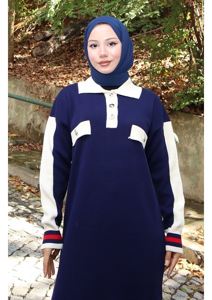 Triko Polo Yaka Cep Detaylı Elbise 0507-05 Lacivert fırsatları