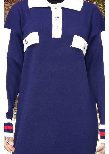 Triko Polo Yaka Cep Detaylı Elbise 0507-05 Lacivert indirimleri