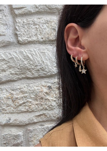 Xuping Zirkon Taşlı 3 Lü Set Yıldız Model Halka Gold Küpe modelleri