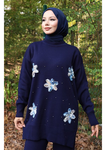 Triko Çiçek Detaylı Tunik Pantolon Ikili Takım 1006-02 Lacivert fırsatları