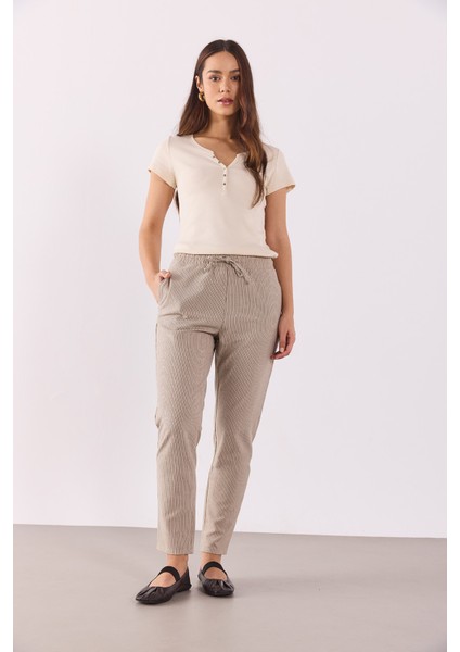 Alian Beli Lastikli Ince Çizgili Gofre Pantolon-Kahve Çizgili modelleri