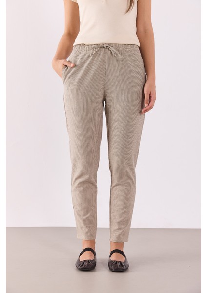 Alian Beli Lastikli Ince Çizgili Gofre Pantolon-Kahve Çizgili fırsatları
