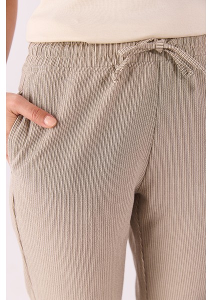 Alian Beli Lastikli Ince Çizgili Gofre Pantolon-Kahve Çizgili indirimleri