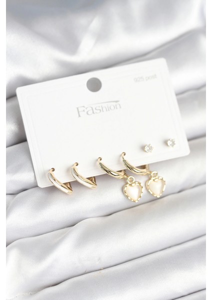 Pirinç Gold Renk Kalp Detaylı 925 Ayar Gümüş Çivili Kadın Küpe Seti - TJ-BKP11258