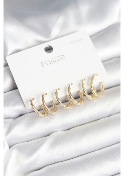 Pirinç Gold Renk Kemik Halka Model 925 Ayar Gümüş Çivili Kadın Küpe Seti - TJ-BKP11261