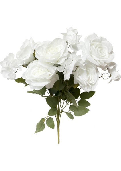Yapay Çiçek Garnitürlü Lüx 5li Gül Buketi 11 Dal 42 cm Pastel Beyaz