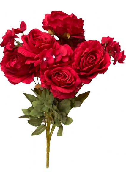 Yapay Çiçek Garnitürlü Lüx 5li Gül Buketi 11 Dal 42 cm Kırmızı