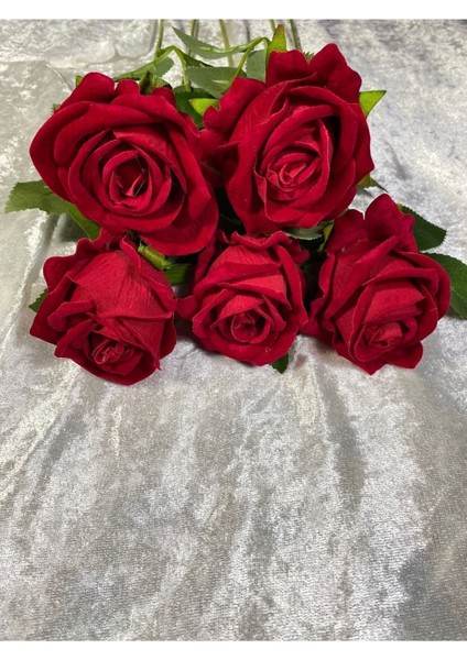 Kadife Lüx Büyük Kafalı Gül 5 Adet 50 cm Kırmızı Gerçek Görünümlü
