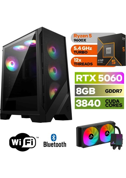 Şafak-Gaming Pc Ddr5-Rtx 5060 8gb -Ryzen 5 9600X – 32 GB Ddr5 Ram – 1 Tb M.2 SSD 5000 4000 – 240MM Sıvı Sogutma -Windows 11 Pro-