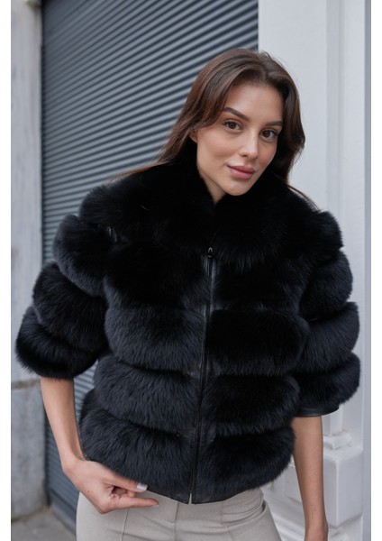 Luxora Hakiki Tilki Kürk Kadın Kışlık Mont Siyah
