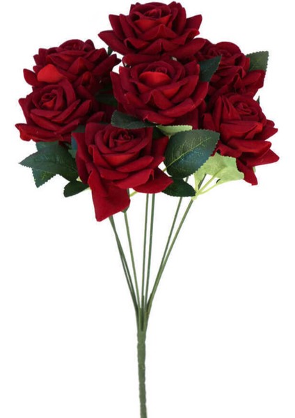 Yapay Çiçek 7li Lüx Kadife Gül Demeti Kırmızı Premium Demetler