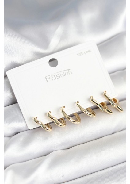 Pirinç Gold Renk Kalp Yıldız ve Halka Model 925 Ayar Gümüş Çivili Kadın Küpe Seti - TJ-BKP11262