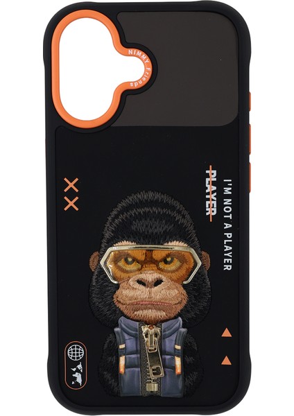 iPhone 17 Uyumlu 3D Gözlük Fermuar Gorilla Detaylı Nakış Işlemeli Kabartmalı Cool Cute Kılıf
