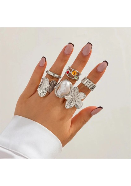 Yulia 6 Adet Ayarlanabilir Beyaz Detaylı Çiçek Figürlü Metal Yüzük Seti