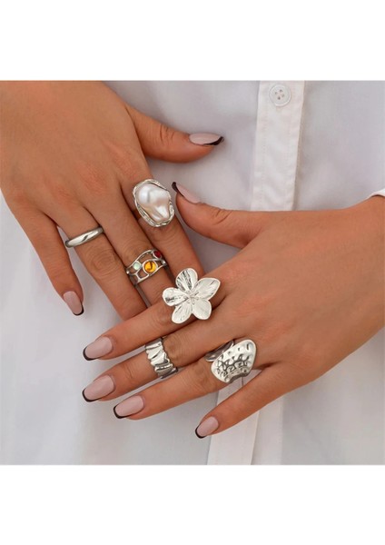 Yulia 6 Adet Ayarlanabilir Beyaz Detaylı Çiçek Figürlü Metal Yüzük Seti fiyatları