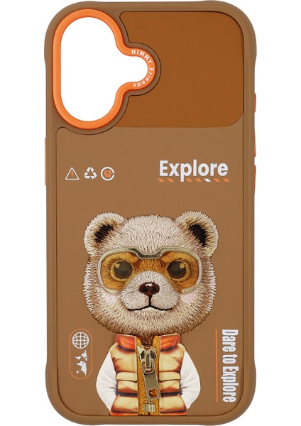 iPhone 17 Uyumlu 3D Gözlük Fermuar Bear Ayıcık Detaylı Nakış Işlemeli Kabartmalı Cool Cute Kılıf