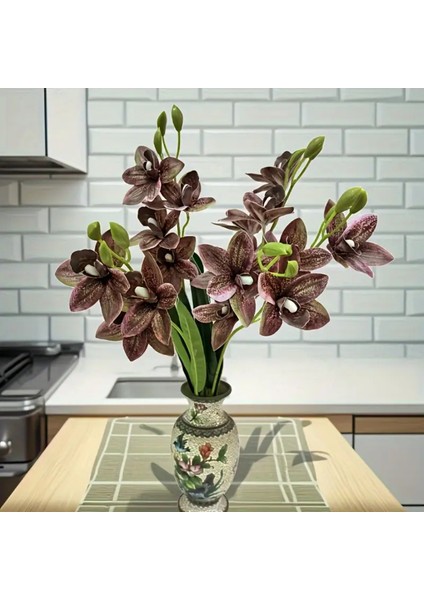 Yapay Çiçek Islak Dokulu Orkide 3 Dal 45 cm Kahve