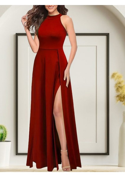 Kadınhalter Yaka Derin Yırtmaç Detaylı Tam Boy Ithal Krep Abiye Elbise modelleri