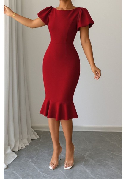 Kadın Kısa Kollu Yuvarlak Yaka Pileli Janjan Krep Elbise