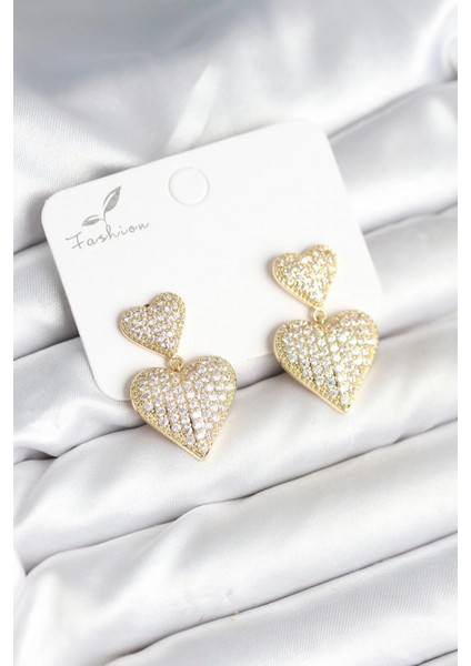 Kalp Model Zirkon Taşlı Gold Renk Pirinç Kadın Küpe - TJ-BKP11290