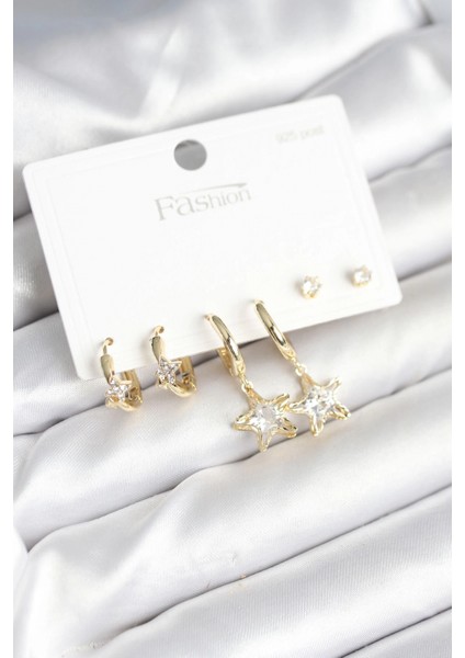 Pirinç Gold Renk Yıldız Model 925 Gümüş Çivili Kadın Küpe Seti - TJ-BKP11256