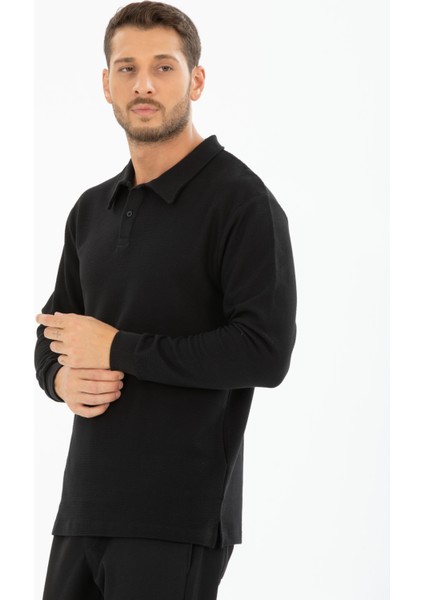 %100 Pamuk Uzun Kollu Polo Yaka Pike Desenli Tişört - Regular Fit Düğmeli fırsatları