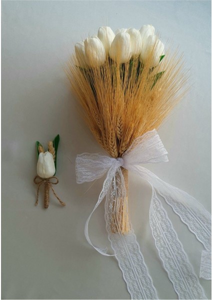 Gelin Buketi Islak Lale Krem Başaklı Damat Yaka Çiçeği