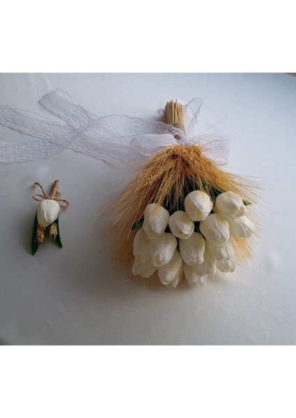 Gelin Buketi Islak Lale Krem Başaklı Damat Yaka Çiçeği modelleri