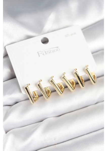 Gold Renk Kare Model Pirinç 925 Ayar Gümüş Çivili Kadın Küpe Seti - TJ-BKP11274