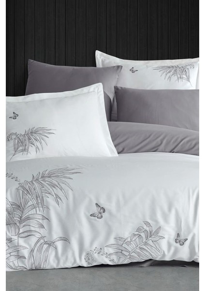 Tropical Nakışlı %100 Pamuk Saten Çift Kişilik Nevresim Takımı Krem Gri